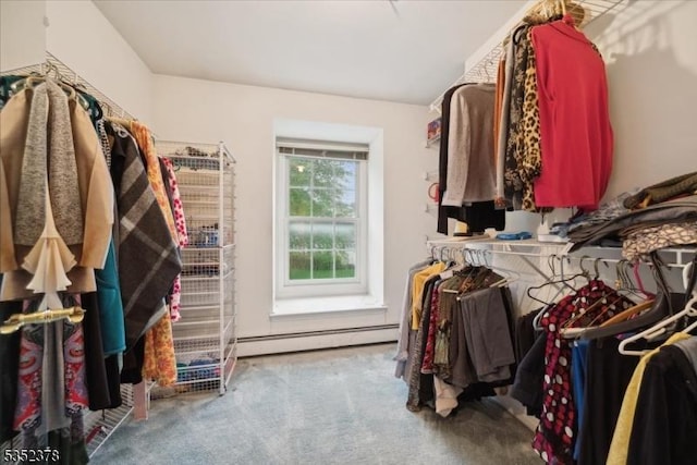 walk in closet with a baseboard radiator and carpet