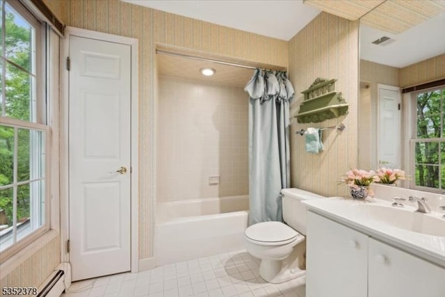 bathroom with toilet, tile patterned flooring, plenty of natural light, shower / bathtub combination with curtain, and wallpapered walls