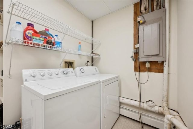 laundry room with electric panel, washing machine and clothes dryer, and light tile patterned flooring