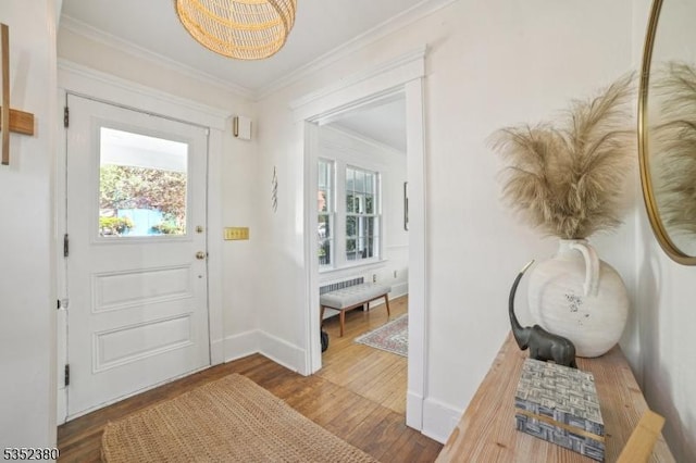 entrance foyer with baseboards, ornamental molding, and wood finished floors
