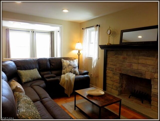 living room with a stone fireplace and wood finished floors