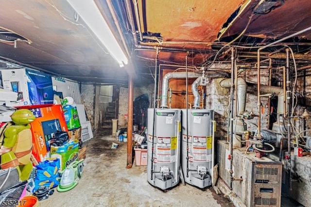 unfinished basement featuring water heater