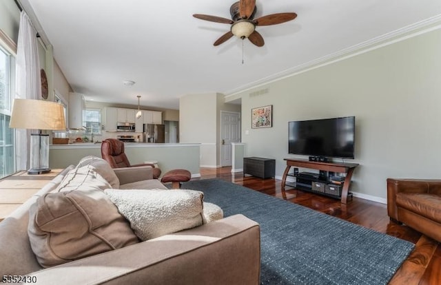 living area with a ceiling fan, baseboards, ornamental molding, dark wood-type flooring, and visible vents