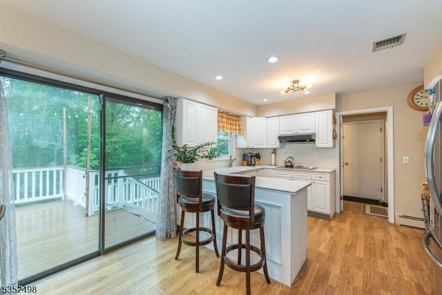 8 Kevin Dr, Mount Olive Twp, NJ 07836 - kitchen featuring under cabinet range hood, black electric cooktop, white cabinetry, light countertops, and a baseboard heating unit