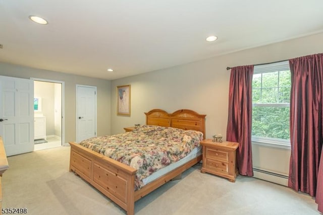 8 Kevin Dr, Mount Olive Twp, NJ 07836 - bedroom with light carpet, a baseboard radiator, recessed lighting, and connected bathroom