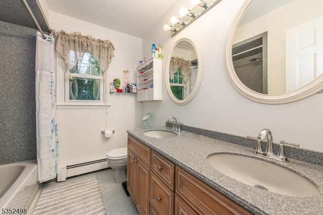 8 Kevin Dr, Mount Olive Twp, NJ 07836 - bathroom with a baseboard heating unit, double vanity, shower / bathtub combination with curtain, toilet, and tile patterned floors