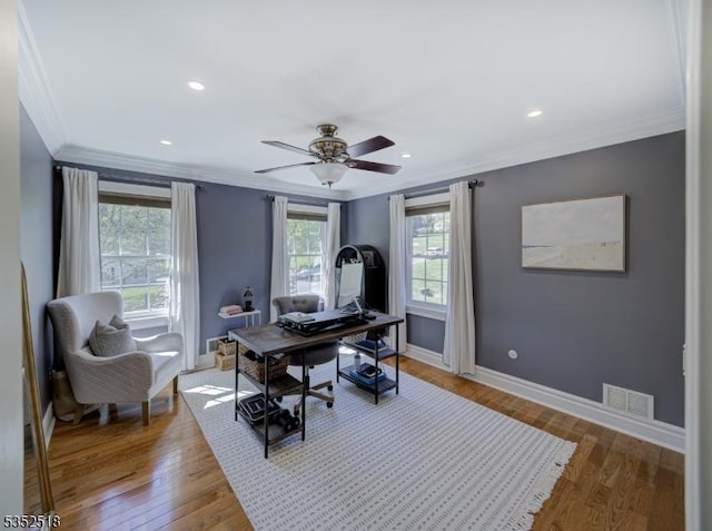 home office featuring ornamental molding, baseboards, wood finished floors, a ceiling fan, and recessed lighting