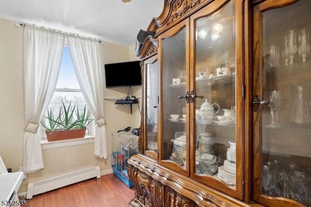 interior space with wood finished floors, a baseboard heating unit, and baseboards