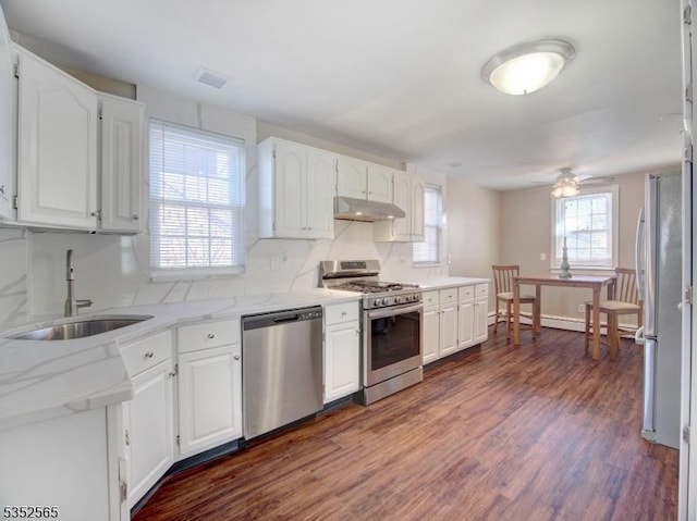 kitchen featuring white cabinets, a sink, appliances with stainless steel finishes, under cabinet range hood, and dark wood-style flooring