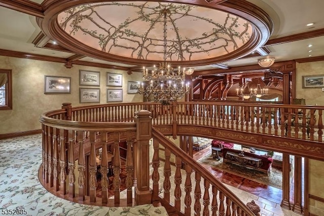 770 Pottersville Rd, Chester Twp, NJ 07931 - stairs with a chandelier, ornamental molding, recessed lighting, baseboards, and carpet floors