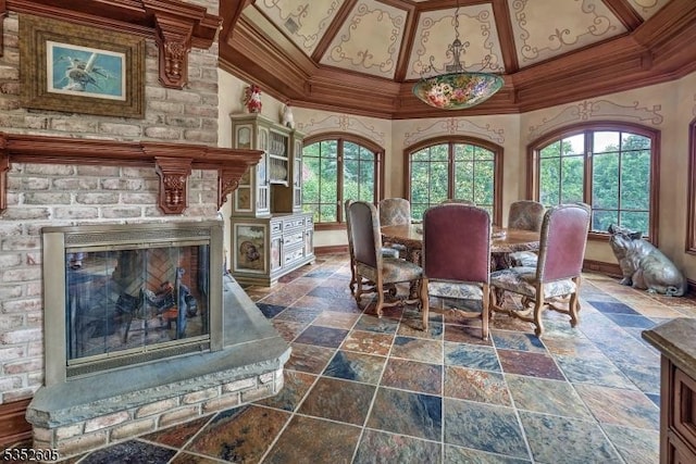 770 Pottersville Rd, Chester Twp, NJ 07931 - dining area featuring crown molding, stone tile flooring, a fireplace, baseboards, and a high ceiling