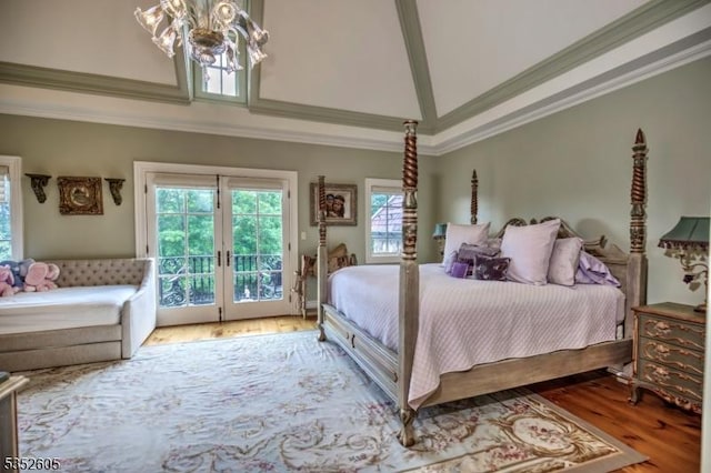 770 Pottersville Rd, Chester Twp, NJ 07931 - bedroom with access to outside, wood finished floors, french doors, high vaulted ceiling, and crown molding
