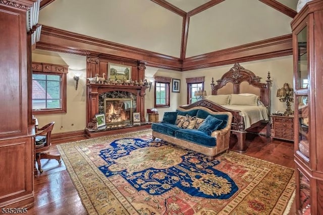 770 Pottersville Rd, Chester Twp, NJ 07931 - bedroom featuring a fireplace, multiple windows, dark wood-type flooring, and a towering ceiling