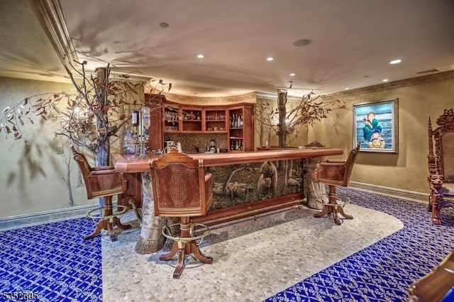 770 Pottersville Rd, Chester Twp, NJ 07931 - indoor wet bar featuring crown molding, recessed lighting, baseboards, and carpet