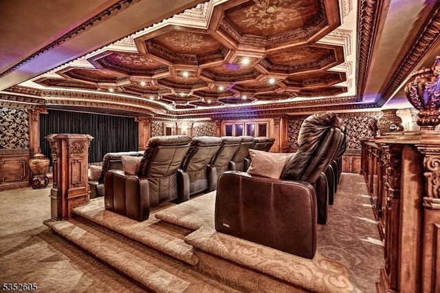 770 Pottersville Rd, Chester Twp, NJ 07931 - carpeted home theater with coffered ceiling, crown molding, and ornate columns