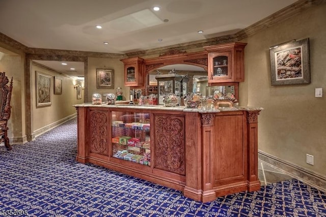 770 Pottersville Rd, Chester Twp, NJ 07931 - indoor dry bar featuring carpet, ornamental molding, baseboards, and recessed lighting