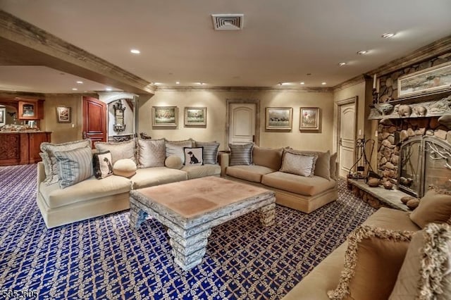 770 Pottersville Rd, Chester Twp, NJ 07931 - carpeted cinema room featuring ornamental molding, a fireplace, and recessed lighting