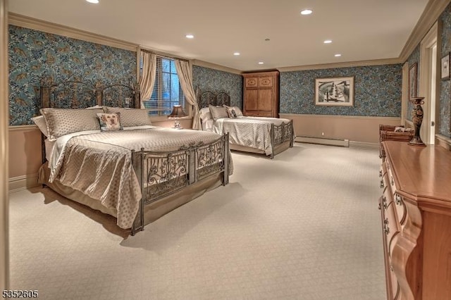 770 Pottersville Rd, Chester Twp, NJ 07931 - bedroom featuring ornamental molding, baseboard heating, light carpet, wallpapered walls, and recessed lighting