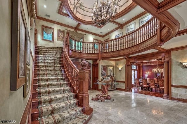 770 Pottersville Rd, Chester Twp, NJ 07931 - foyer featuring a chandelier, ornamental molding, stairway, and a high ceiling