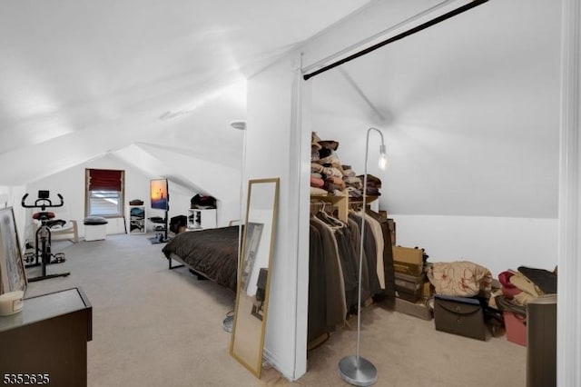 carpeted bedroom with lofted ceiling