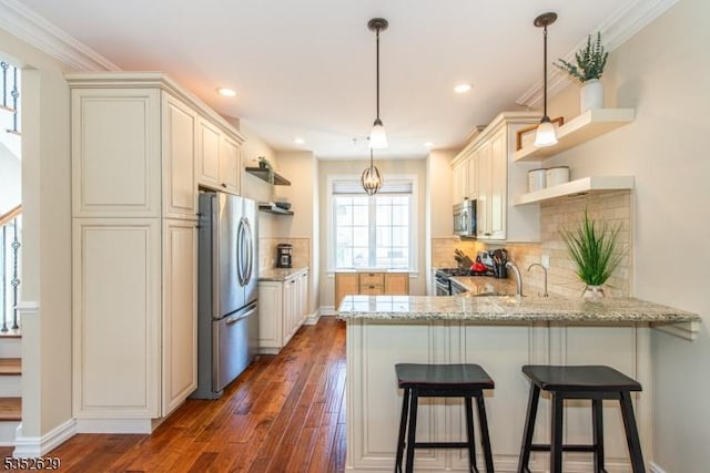 kitchen with decorative backsplash, open shelves, dark wood finished floors, a peninsula, and stainless steel appliances