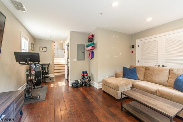 living room with electric panel, visible vents, dark wood finished floors, baseboards, and recessed lighting