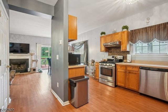 kitchen featuring appliances with stainless steel finishes, under cabinet range hood, light wood finished floors, light countertops, and backsplash