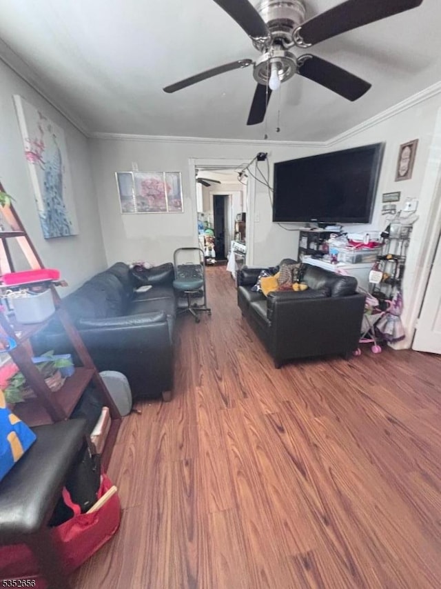 living area featuring ceiling fan, ornamental molding, and wood finished floors