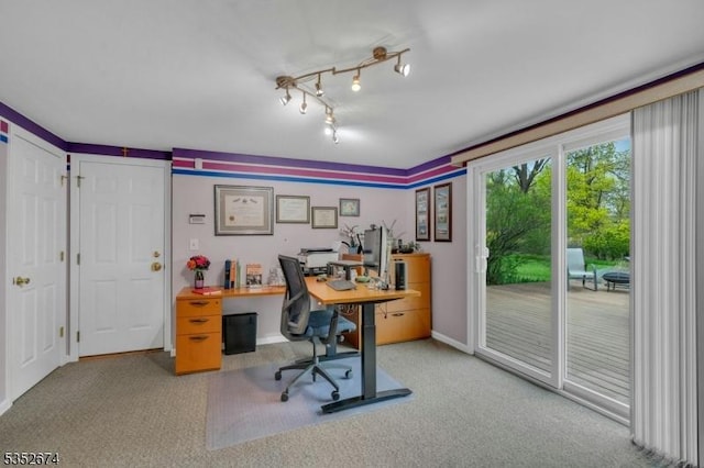 home office featuring baseboards and carpet flooring