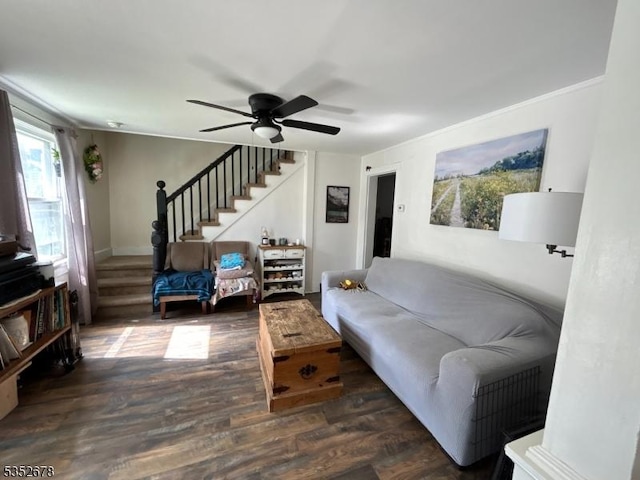 living room with stairway, a ceiling fan, and wood finished floors