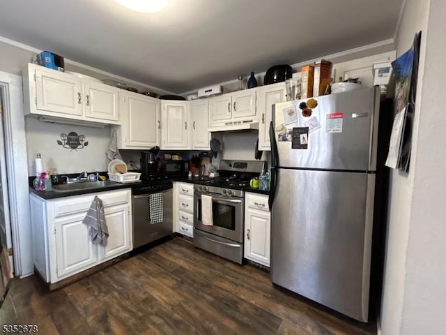 kitchen featuring under cabinet range hood, stainless steel appliances, white cabinets, and a sink