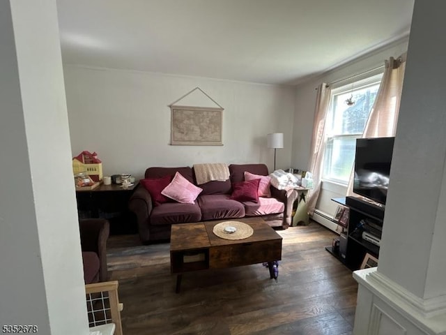 living room featuring a baseboard heating unit and wood finished floors