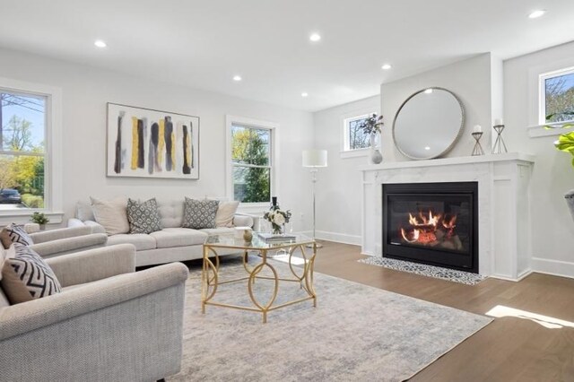 living room with baseboards, wood finished floors, recessed lighting, and a high end fireplace