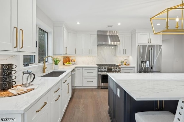 kitchen featuring stainless steel appliances, a sink, white cabinetry, decorative backsplash, and wall chimney range hood