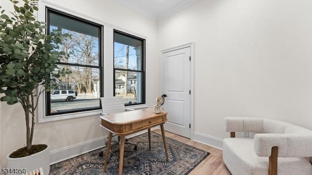 office with baseboards and wood finished floors