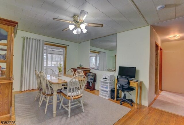 dining space with a ceiling fan and wood finished floors