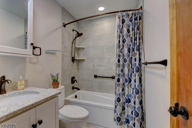 full bathroom featuring shower / bath combination with curtain, recessed lighting, vanity, and toilet