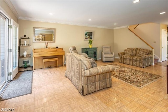 living room featuring crown molding, recessed lighting, stairway, and baseboards