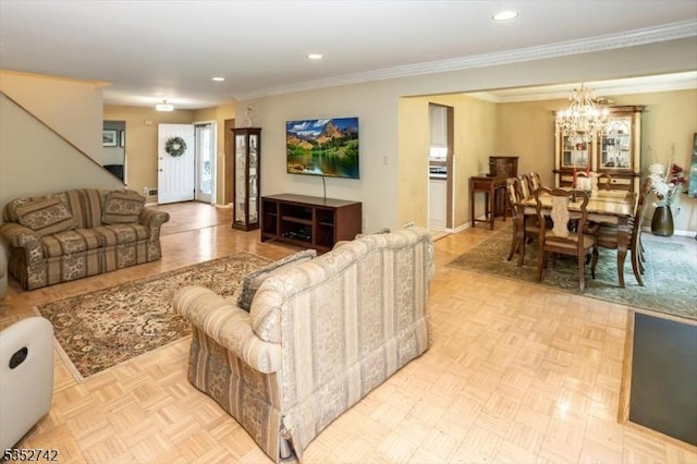 living area featuring stairway, ornamental molding, a notable chandelier, and recessed lighting