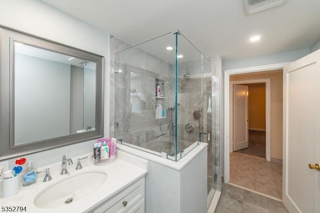 full bathroom featuring vanity, tile patterned flooring, a stall shower, and visible vents