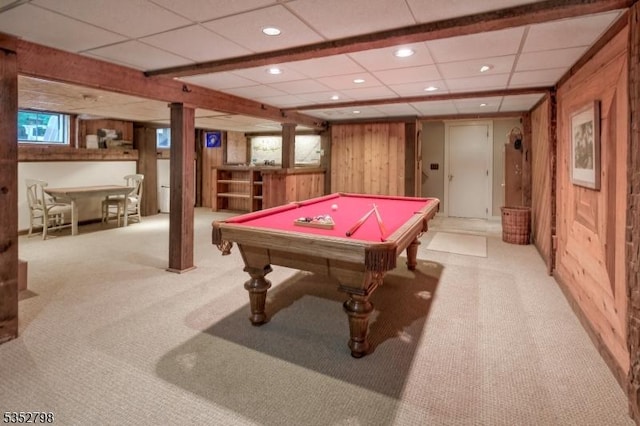 199 W Springtown Rd, Washington Twp, NJ 07853 - playroom with carpet floors, wooden walls, billiards table, a drop ceiling, and recessed lighting