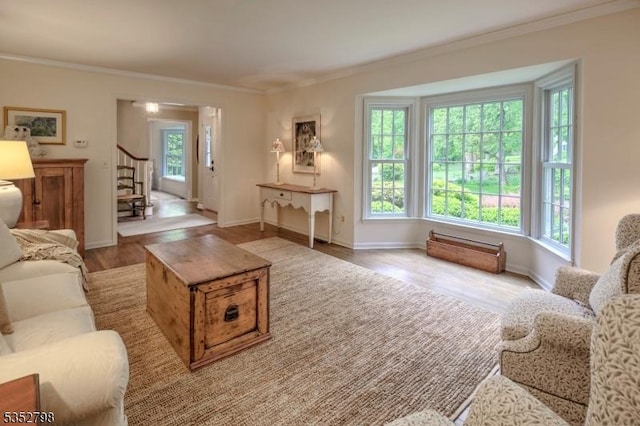 199 W Springtown Rd, Washington Twp, NJ 07853 - living room featuring stairway, ornamental molding, wood finished floors, and baseboards