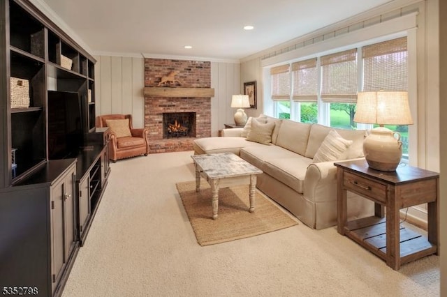 199 W Springtown Rd, Washington Twp, NJ 07853 - living room featuring light colored carpet, crown molding, a brick fireplace, and recessed lighting