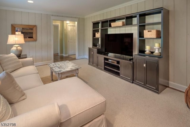 199 W Springtown Rd, Washington Twp, NJ 07853 - living room featuring crown molding, light carpet, baseboards, and recessed lighting