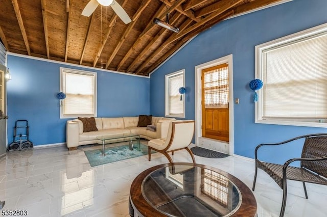 living area with wood ceiling, marble finish floor, vaulted ceiling, ceiling fan, and baseboards