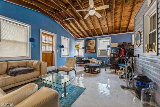 living area featuring cooling unit, a ceiling fan, marble finish floor, vaulted ceiling, and wood ceiling