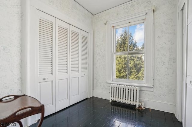 unfurnished bedroom with multiple windows, dark wood finished floors, a closet, and radiator