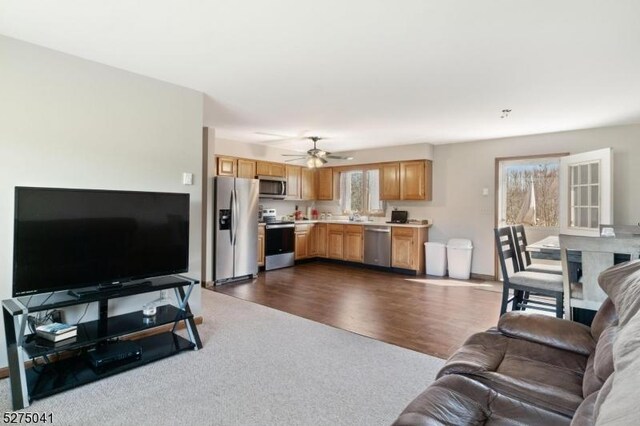 living room with ceiling fan, dark wood-style flooring, and dark colored carpet