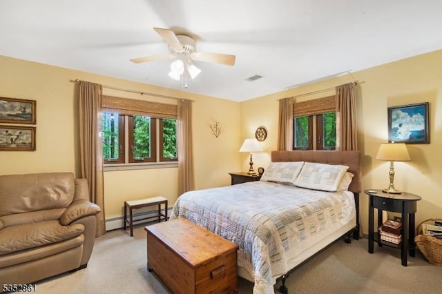bedroom featuring carpet flooring, a baseboard radiator, and a ceiling fan