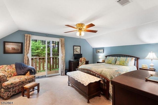 bedroom with access to outside, lofted ceiling, light carpet, and a ceiling fan
